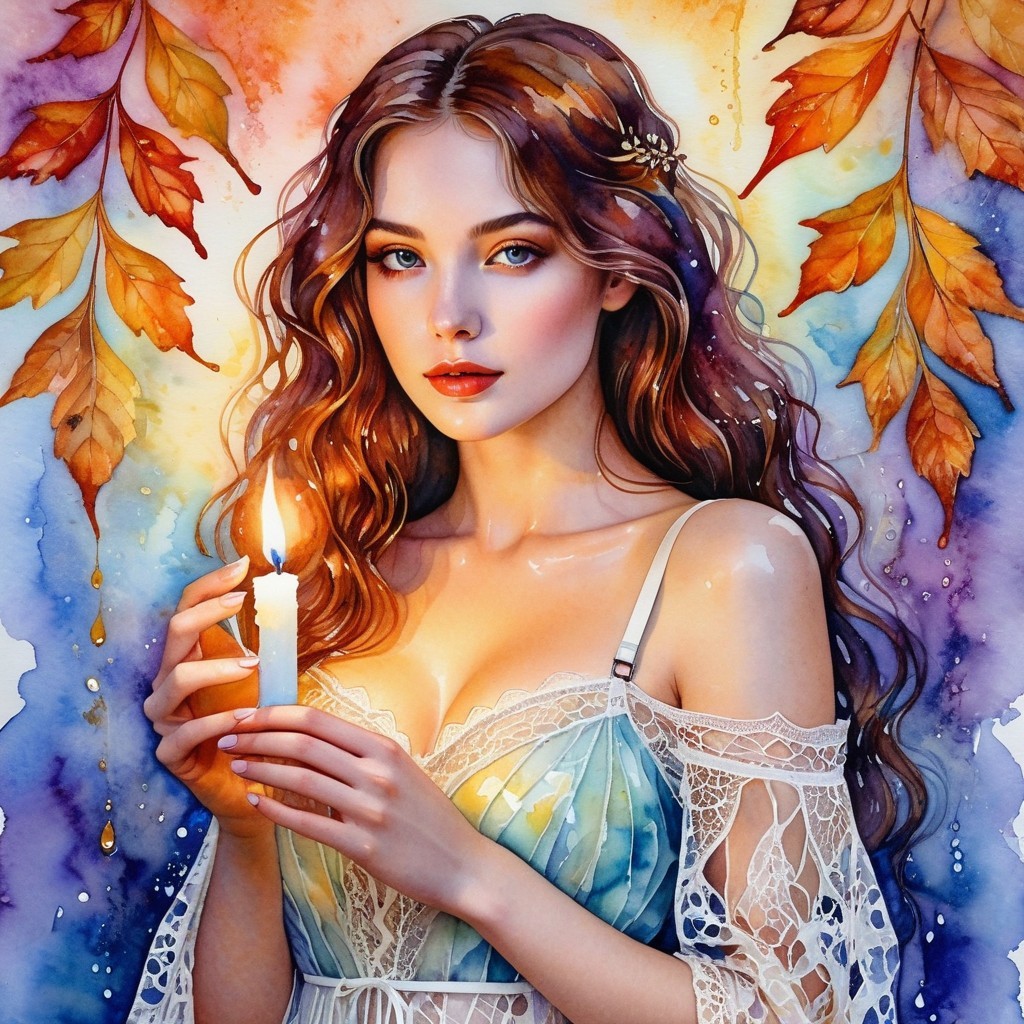 Young Woman with Candle in Autumn Setting