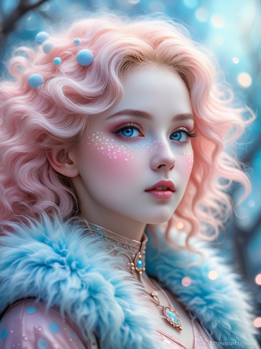 Young woman with pastel pink hair in winter scene
