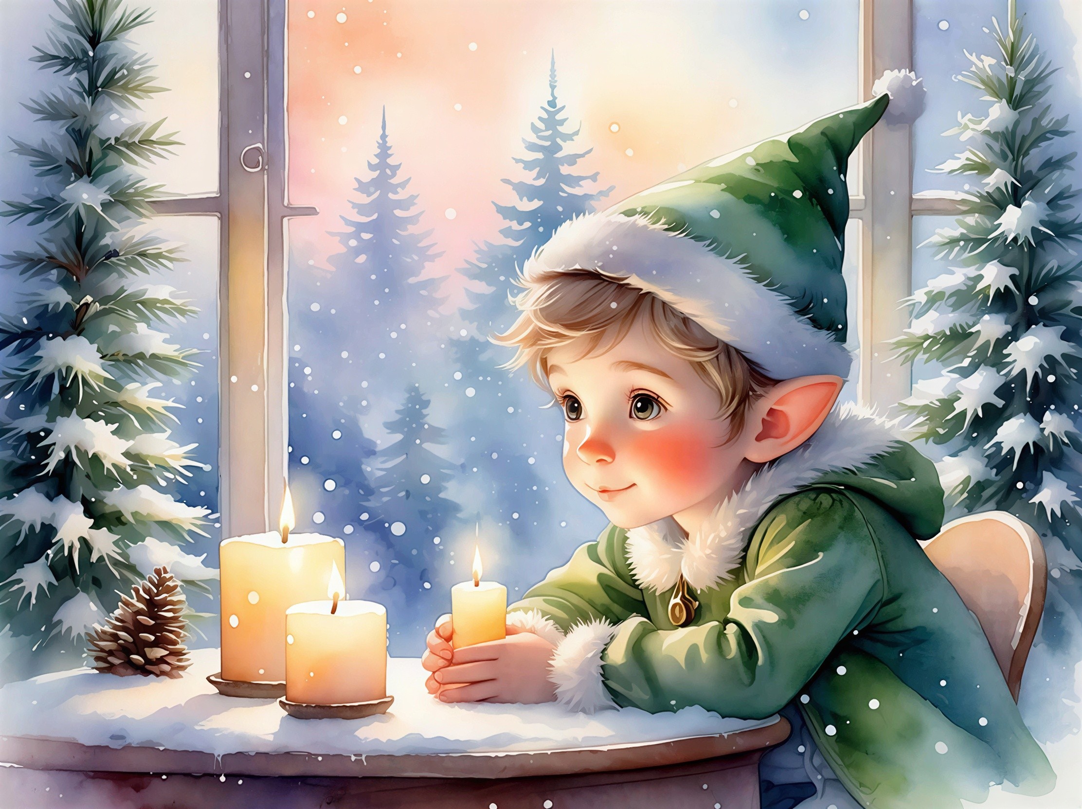 Elfish Boy in Green Coat by Snowy Window Scene