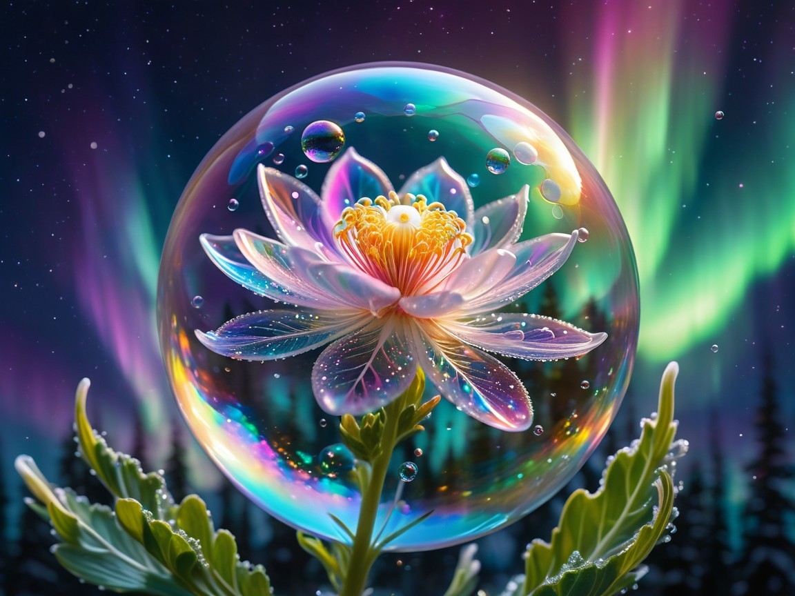 Delicate flower in bubble with vibrant auroras above