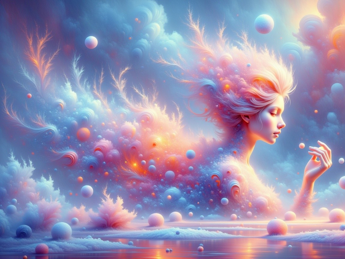 Surreal Ethereal Landscape with Dreamy Figure and Clouds