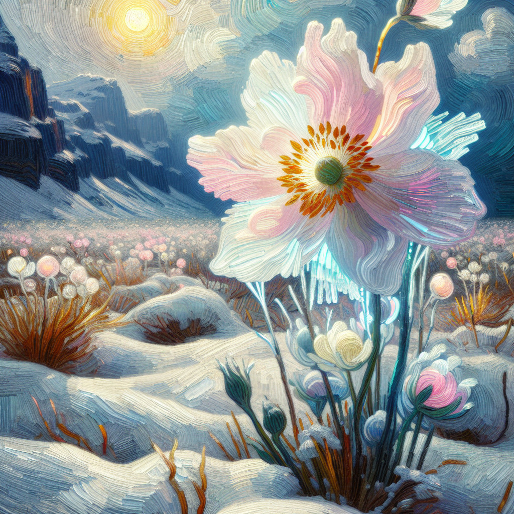 Vibrant Landscape with Pink Flower and Snowy Background