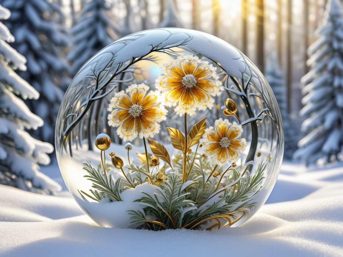 Crystal Ball in Snowy Winter Forest Scene