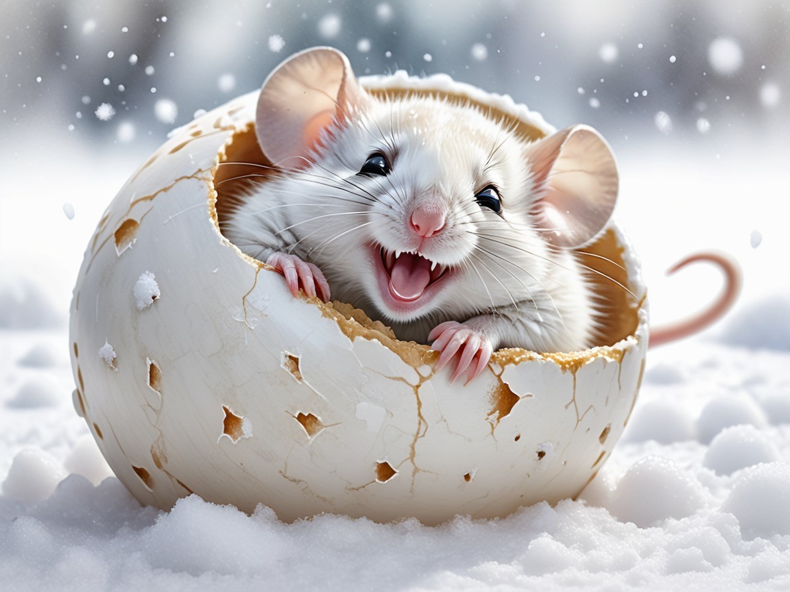 Cheerful Mouse in Cracked Eggshell in Snowy Scene