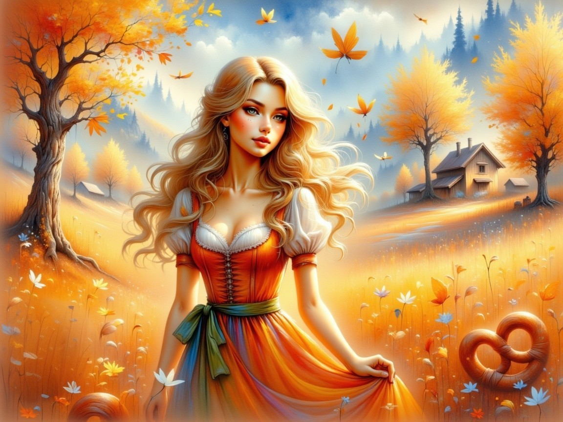 Autumn Landscape with Young Woman in Colorful Dress