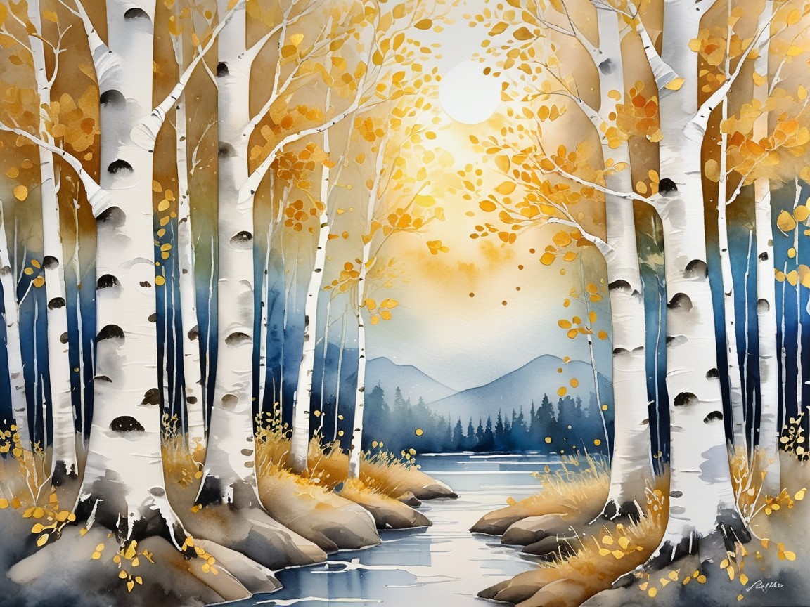 Autumn Landscape with Birch Trees and Calm River