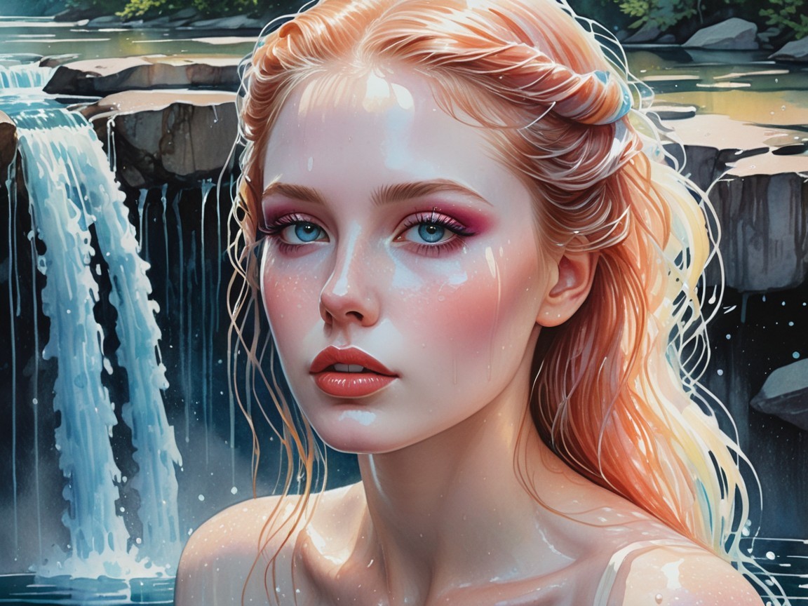 Portrait of a Young Woman by a Waterfall