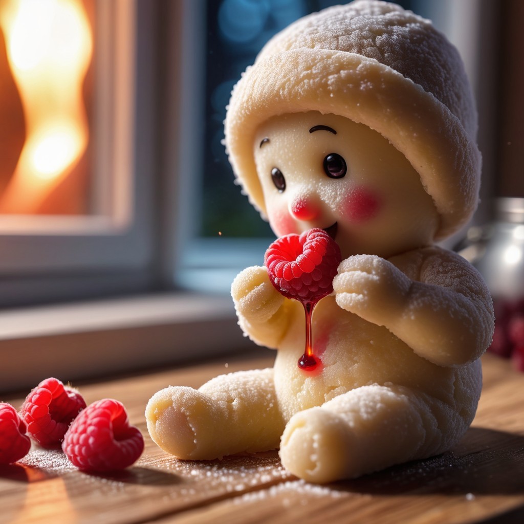 Whimsical Baby Figure with Raspberries and Syrup