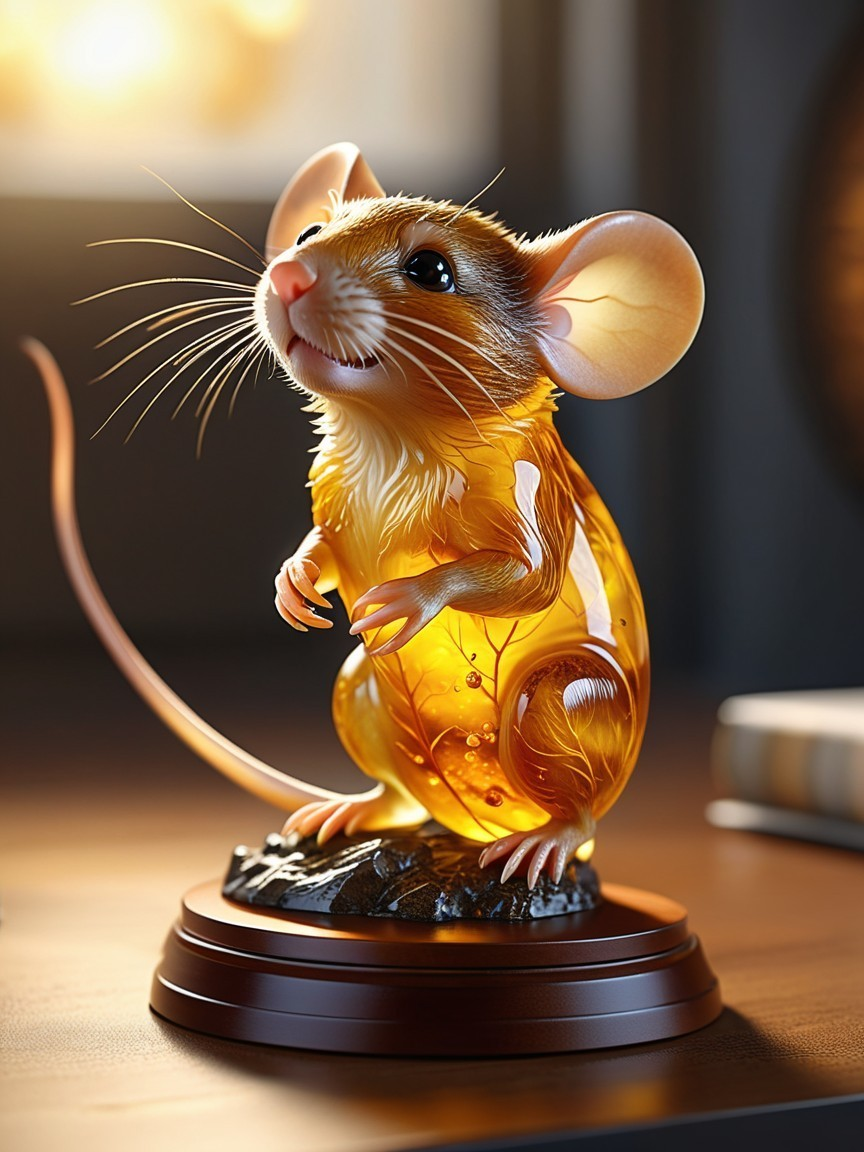 Translucent Amber Mouse Figurine on Wooden Base