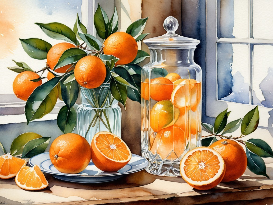 Vibrant Still-Life of Oranges and Green Leaves