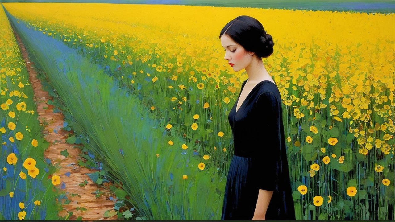 Solitary Woman in Black Dress in Flower Field