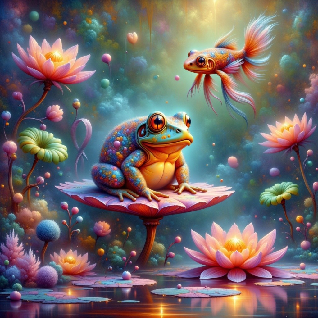 Vibrant Underwater Scene with Colorful Frog and Fish