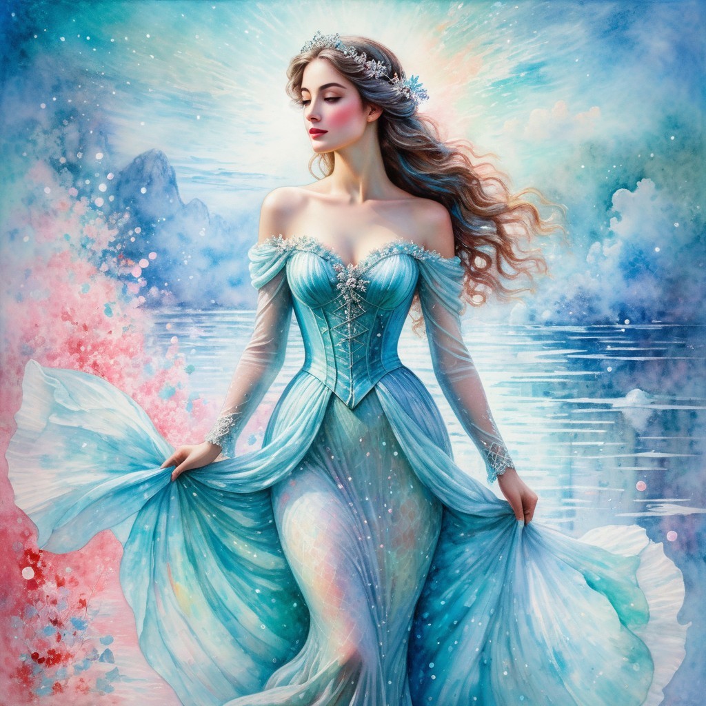 Elegant figure in light blue gown by tranquil water