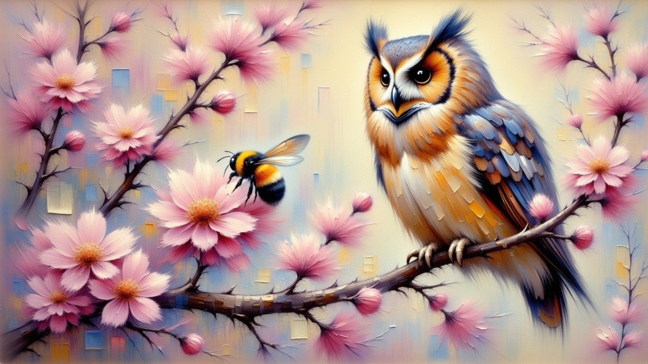 Owl on Cherry Blossom Branch with Busy Bee Nearby