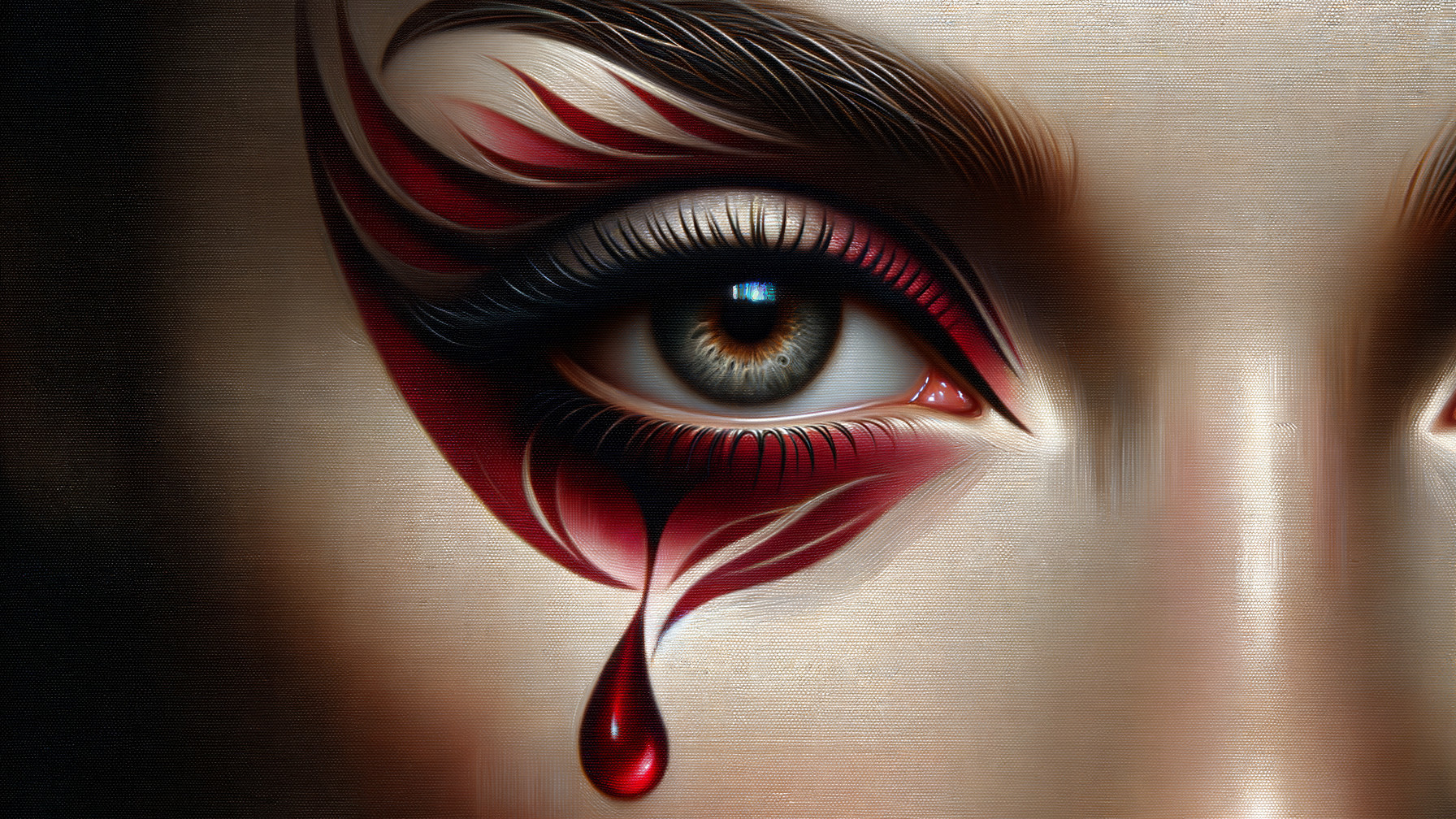 Close-Up of Intricate Eye Makeup with Red Patterns