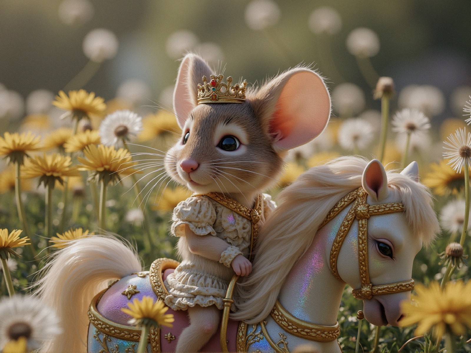 Adorable Mouse Princess on Toy Horse in Daisies