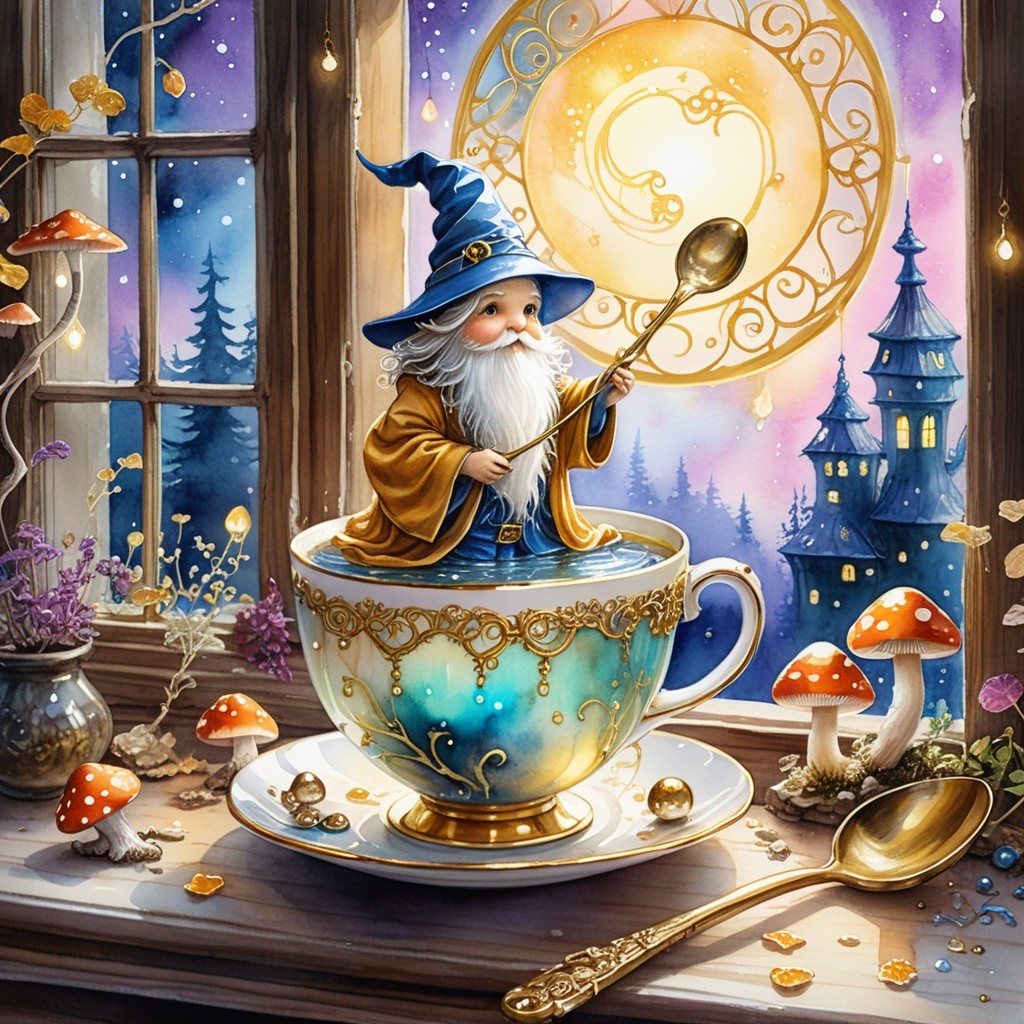 Cozy Wizard in Teacup with Fairy Lights and Twilight Sky
