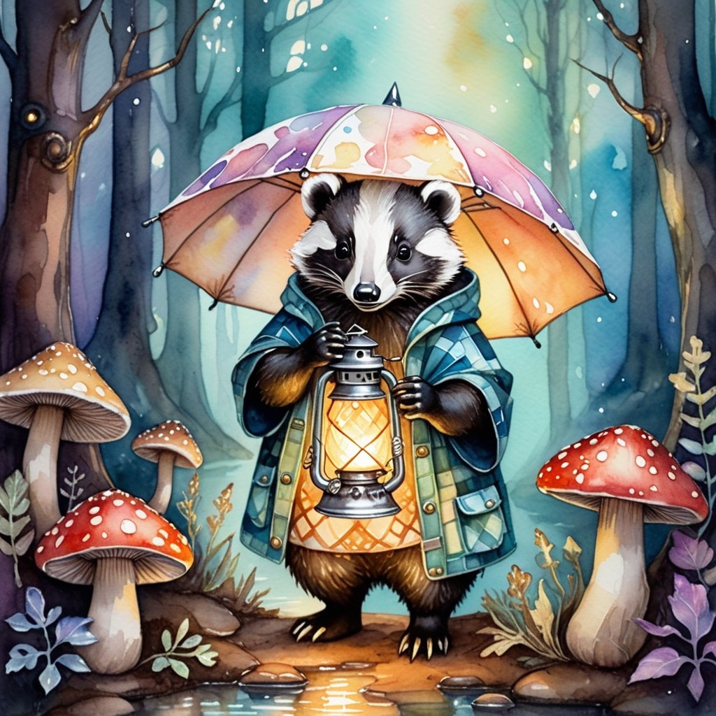 Badger with Lantern Under Umbrella in Enchanted Forest