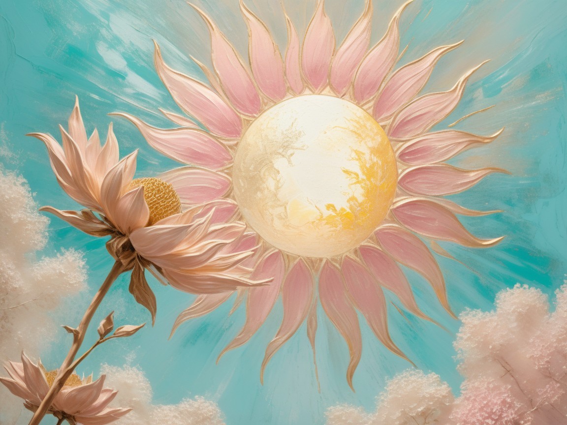 Sun Surrounded by Pastel Petals and Turquoise Sky