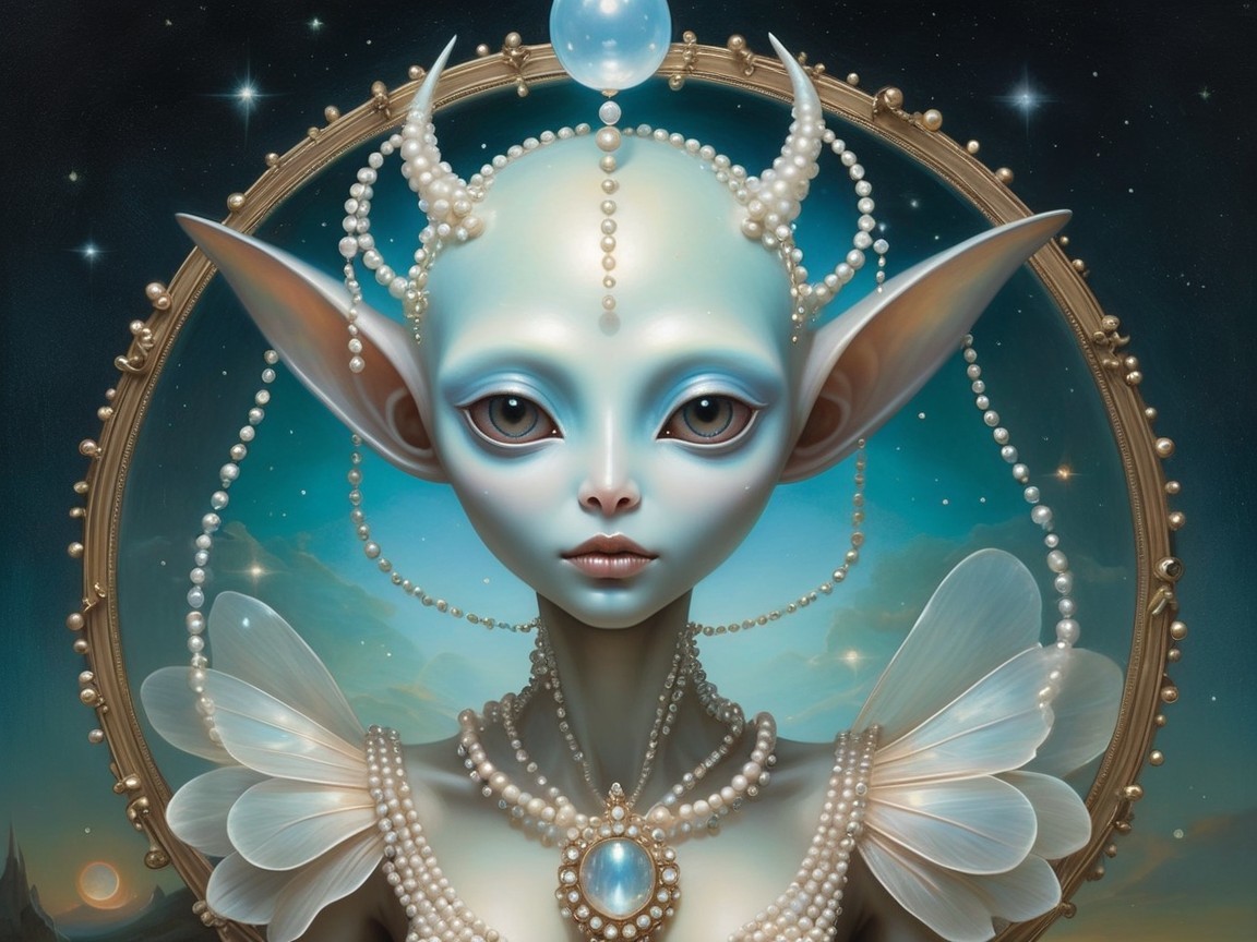 Ethereal Alien Figure with Celestial Backdrop and Wings
