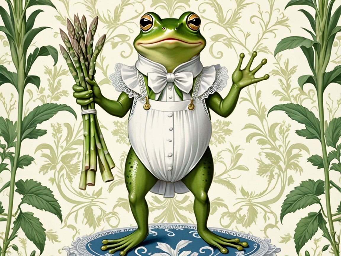 Anthropomorphic frog in formal attire with asparagus