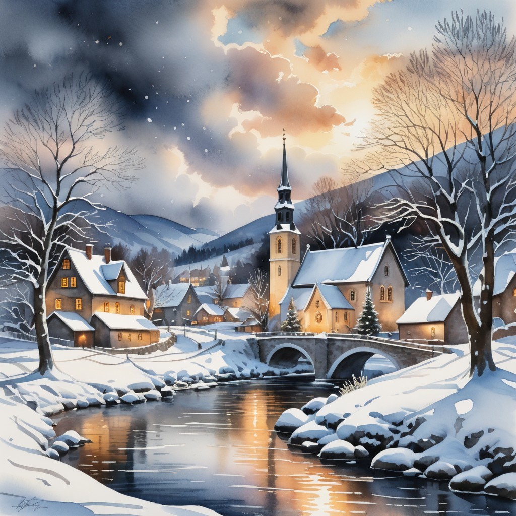 Winter Village Scene with Church and Snowy Landscape