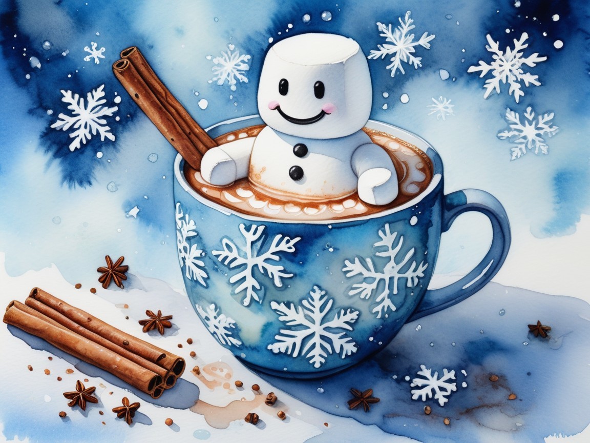 Digital Watercolor of Snowman in Hot Chocolate Mug