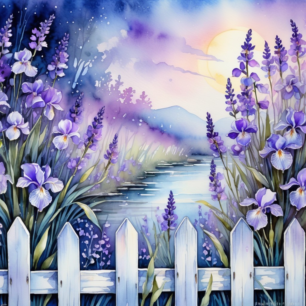 Tranquil Lake with Purple Irises and Sunset Mountains