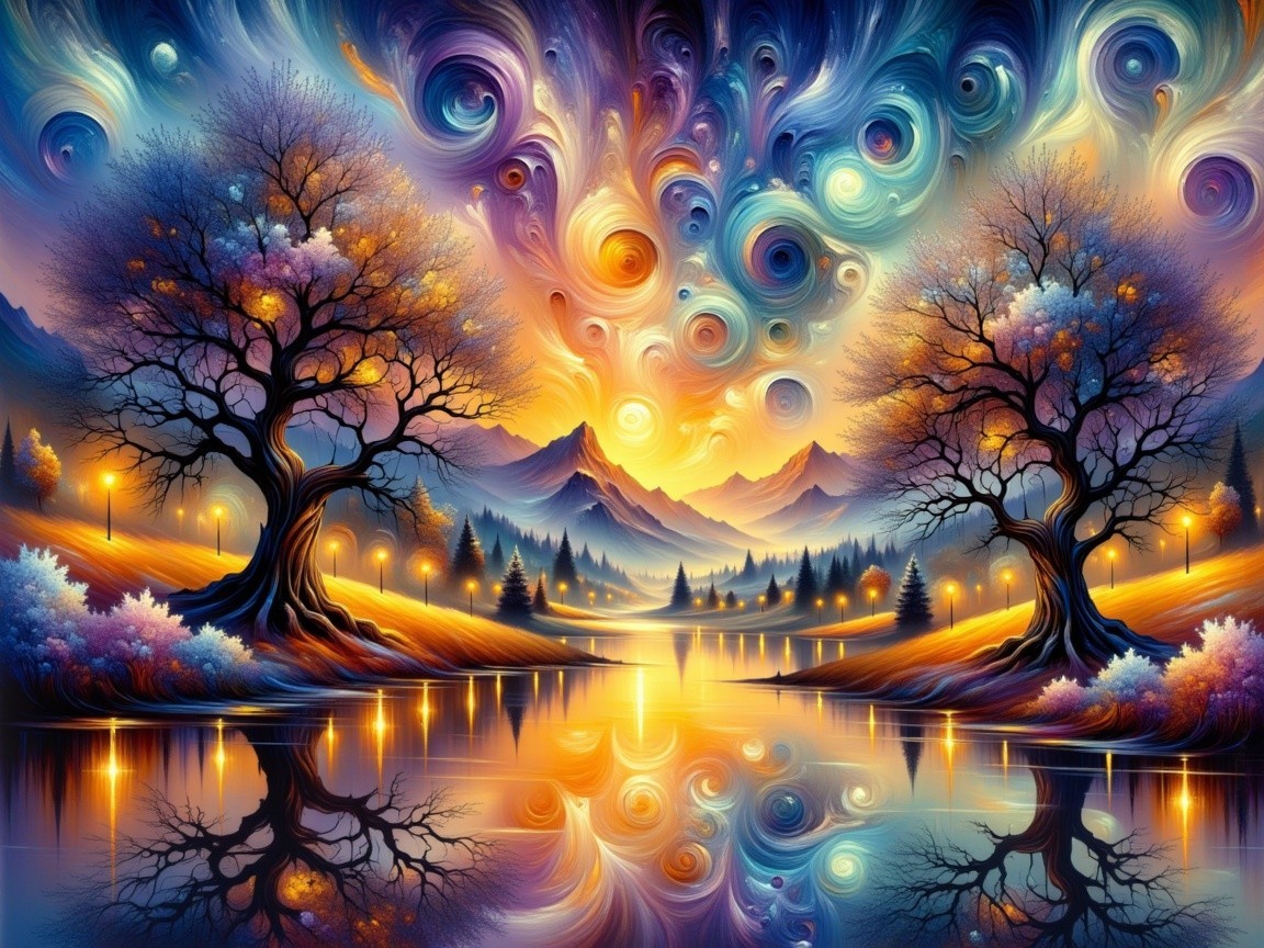 Vibrant Landscape with Silhouetted Trees and Lake