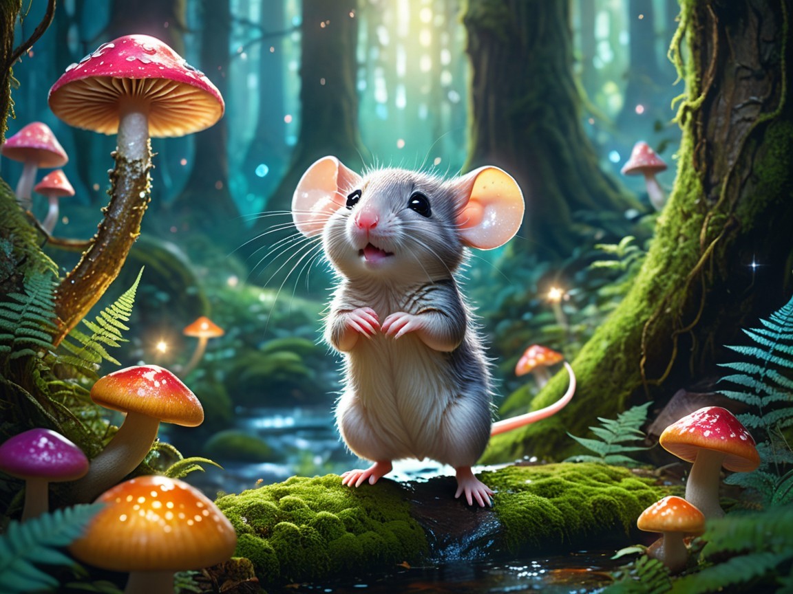 Charming Mouse in a Magical Forest with Mushrooms