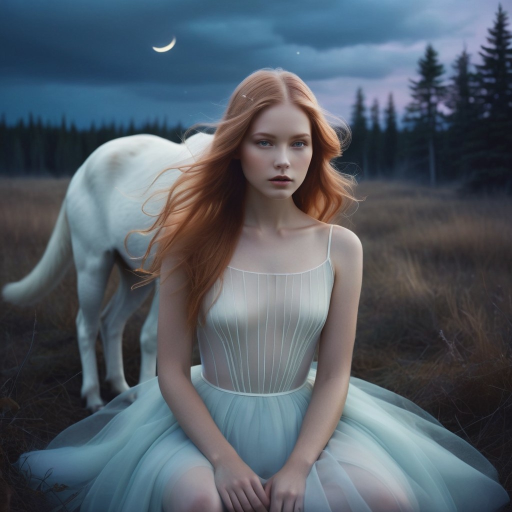 Young woman in sheer gown with white horse in nature