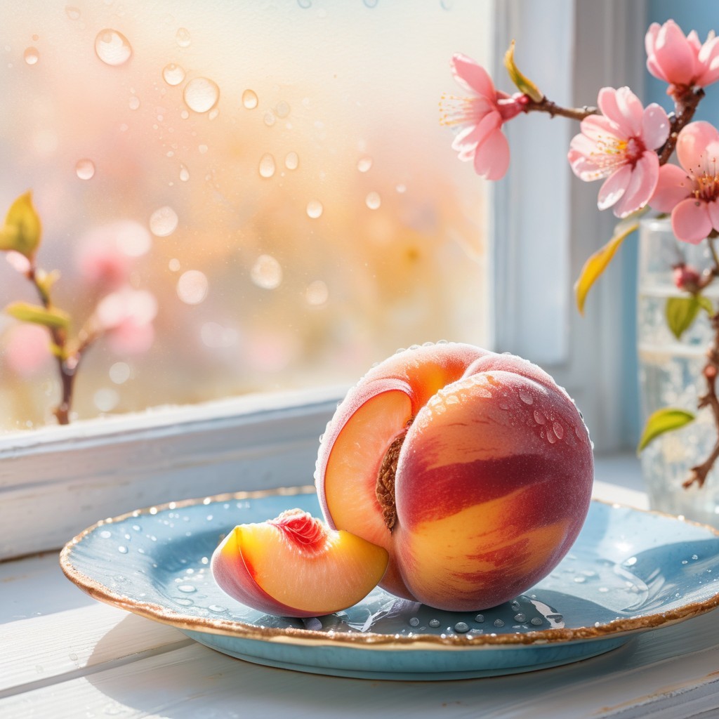 Fresh Peach on Blue Plate with Cherry Blossoms