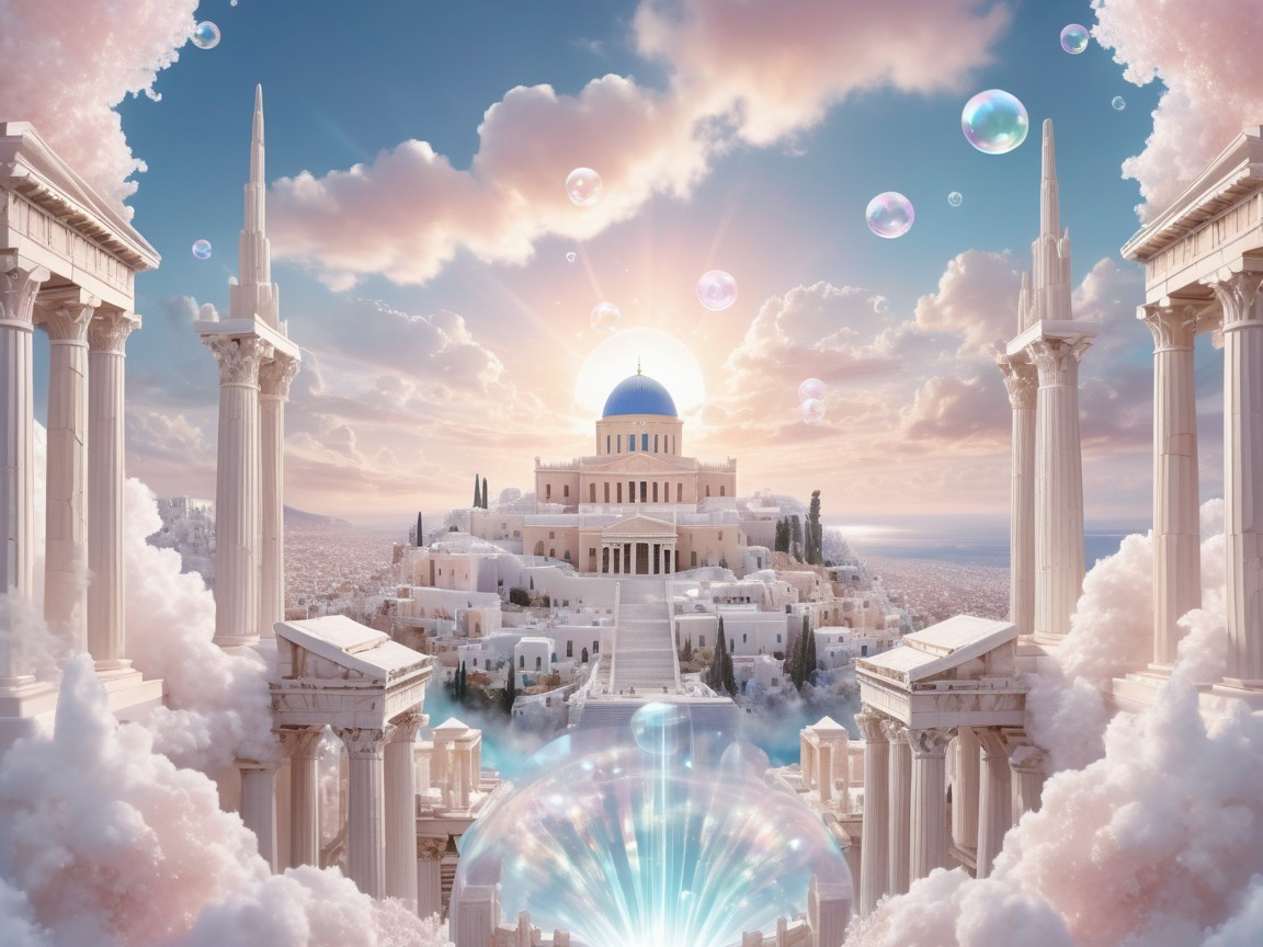 Majestic City with Greek Architecture Among Clouds