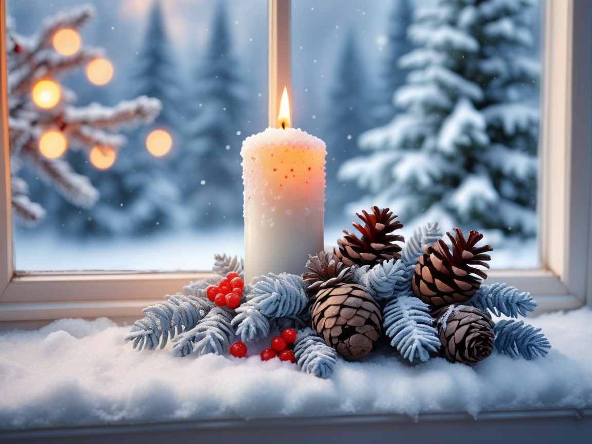 Winter Scene with Candle on Snowy Windowsill