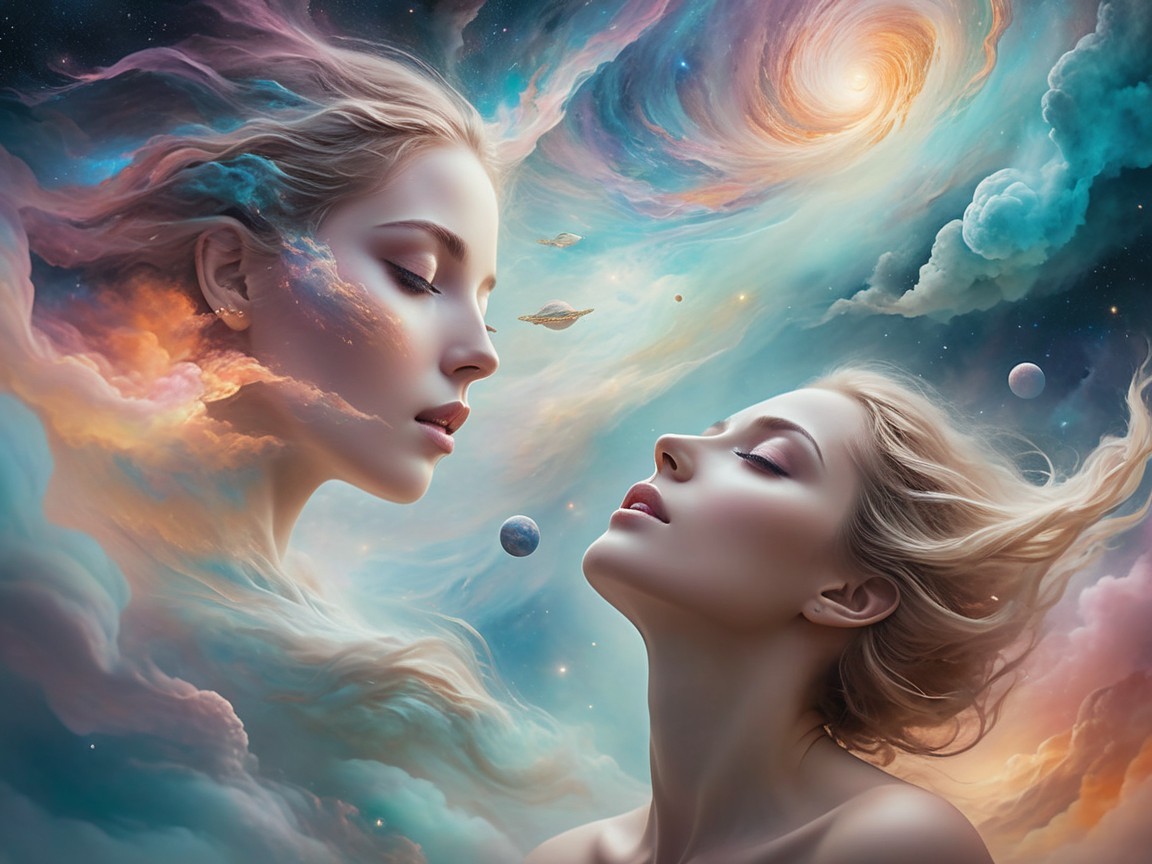 Ethereal Female Faces Against Cosmic Backdrop