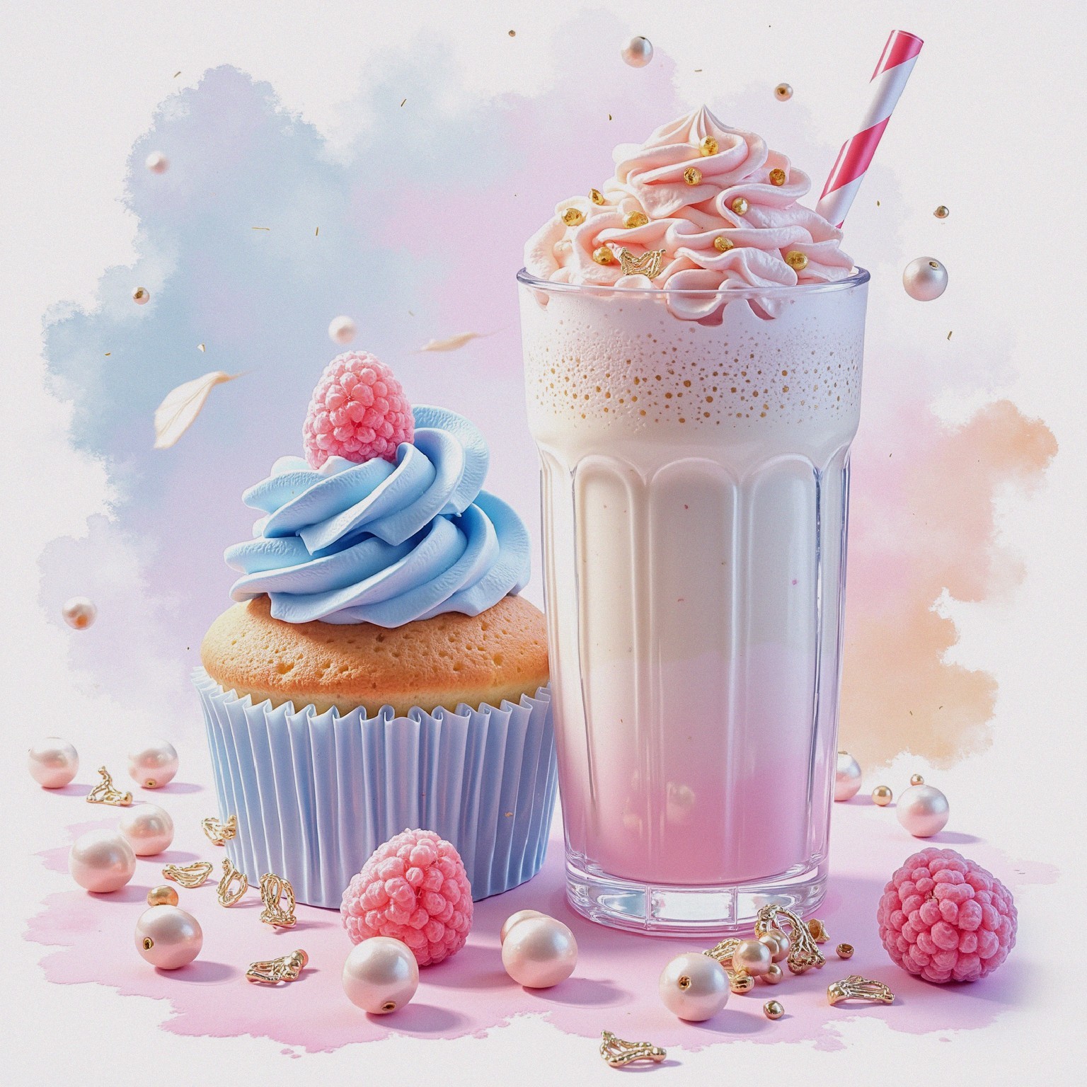 Whimsical Dessert Scene with Cupcake and Milkshake