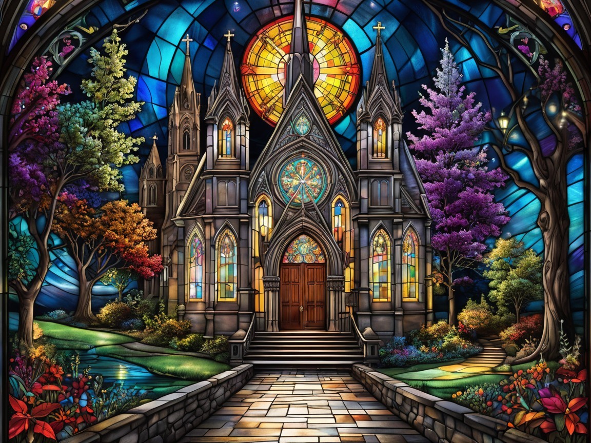 Stained Glass Scene of a Grand Church and Nature