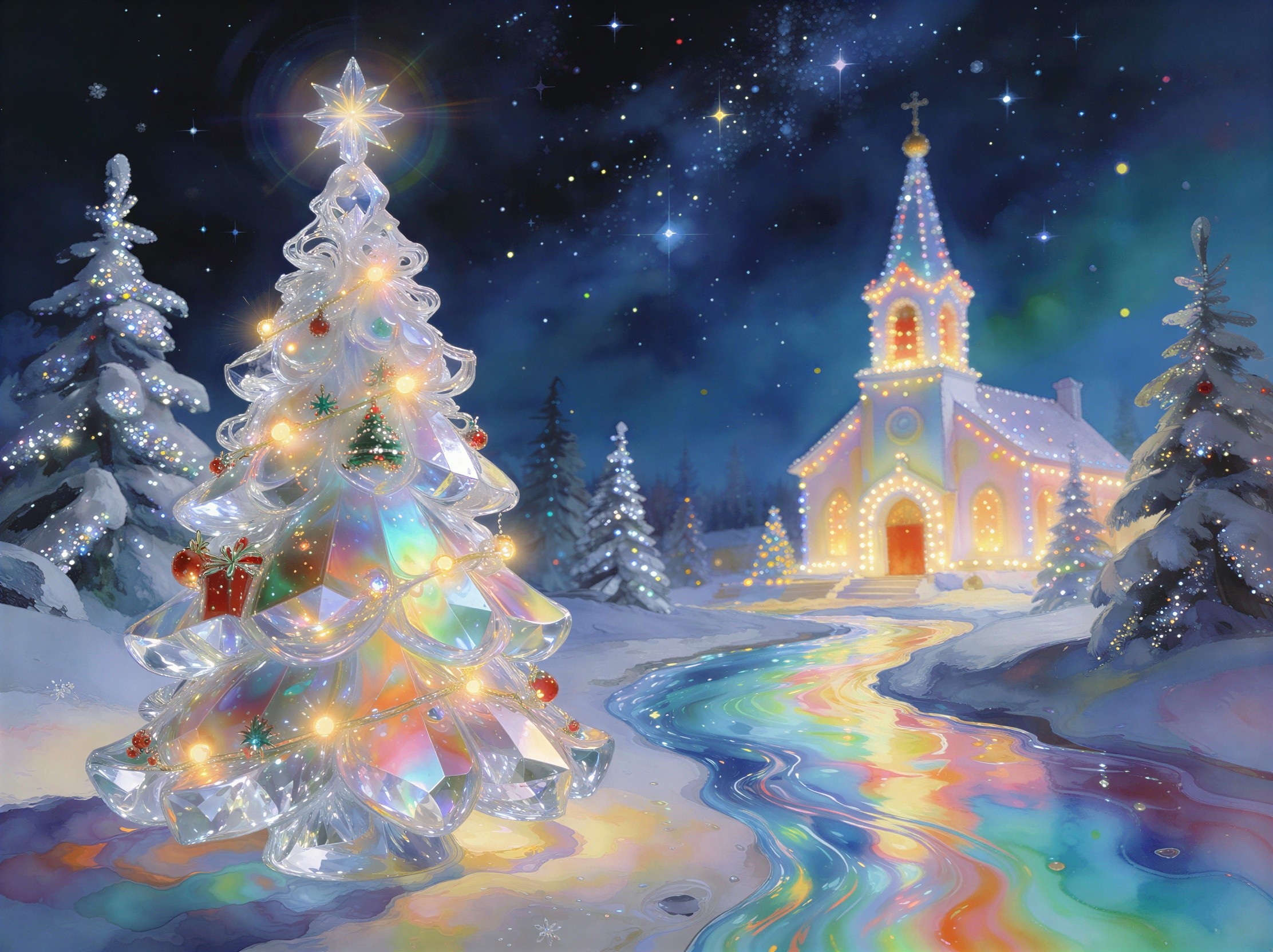 Whimsical Winter Landscape with Glass Christmas Tree