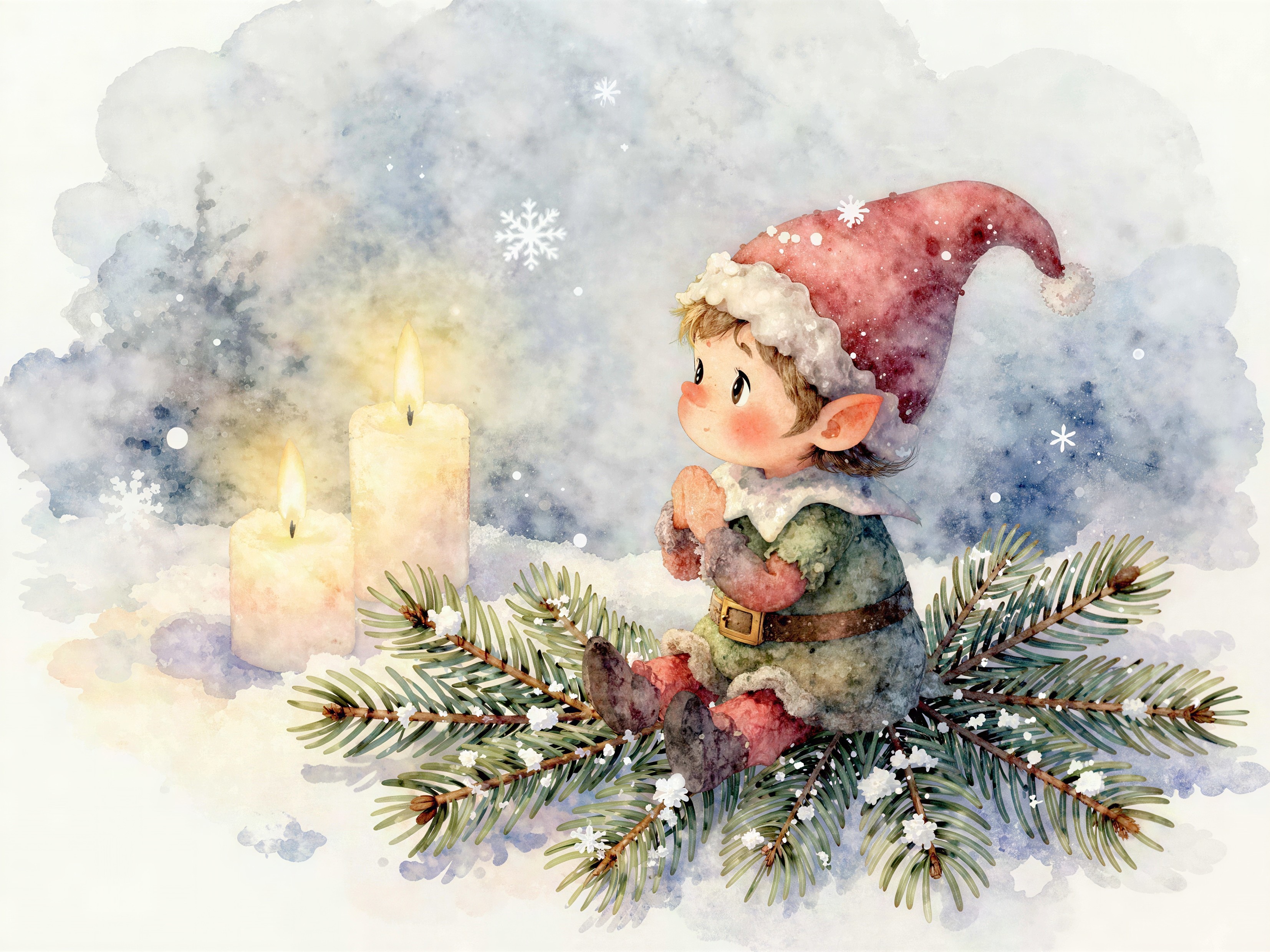 Watercolor Painting of a Forest Gnome in Snow