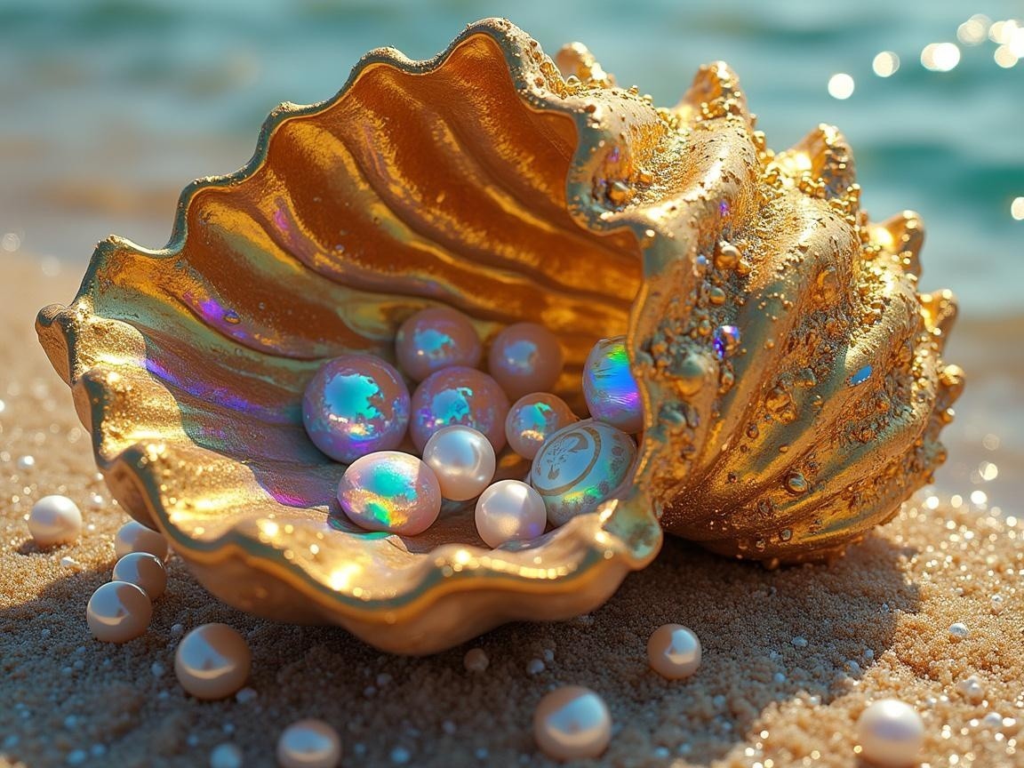 Golden seashell with luminous pearls on sandy beach