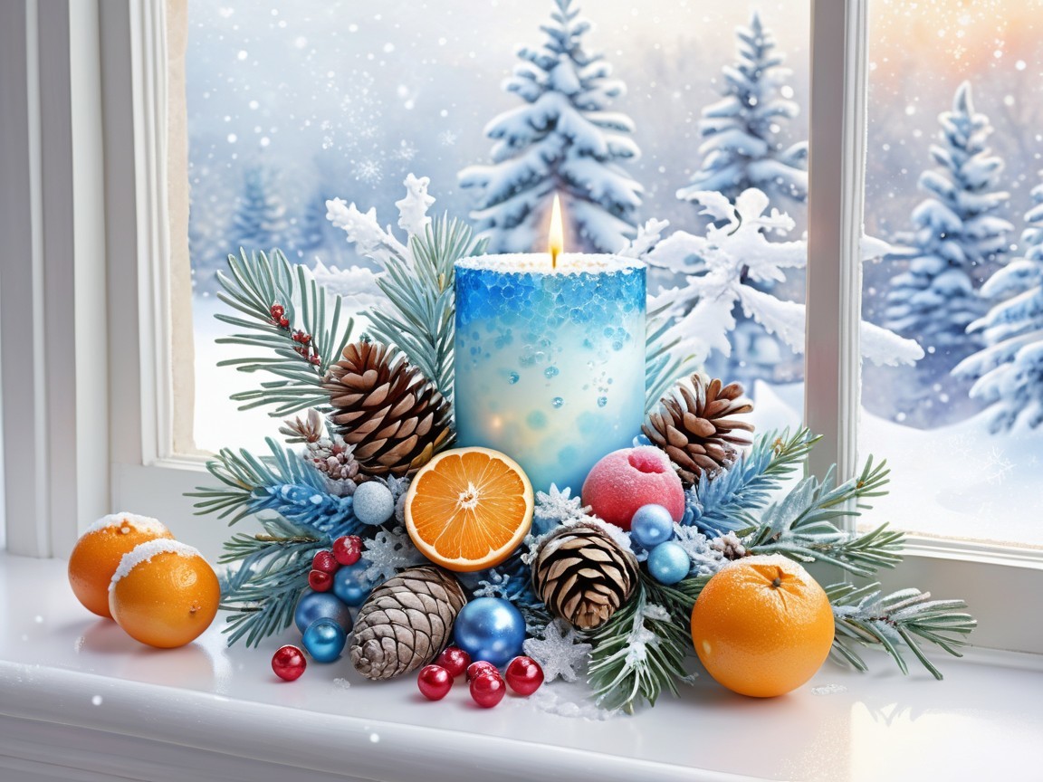 Cozy Winter Scene with Blue Candle and Decorations