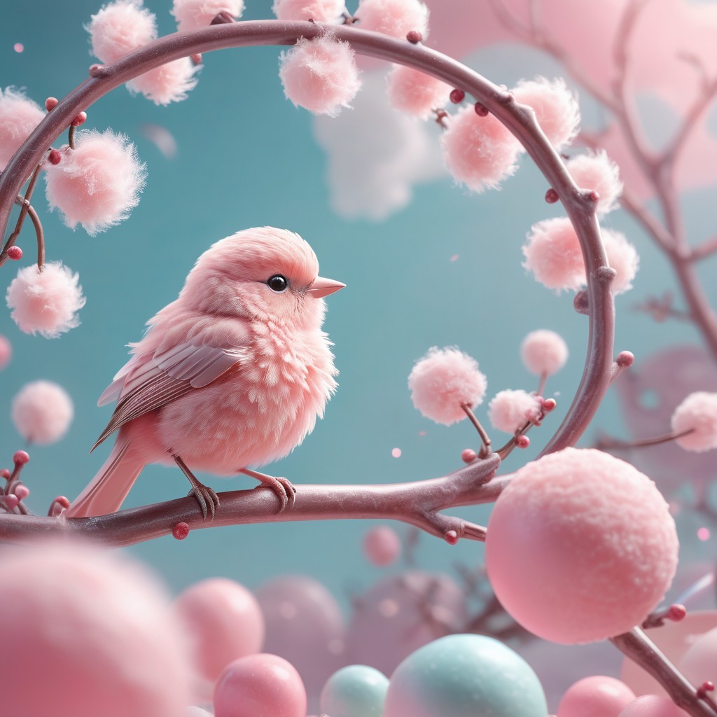 Pink Bird on Whimsical Branch with Colorful Pom-Poms