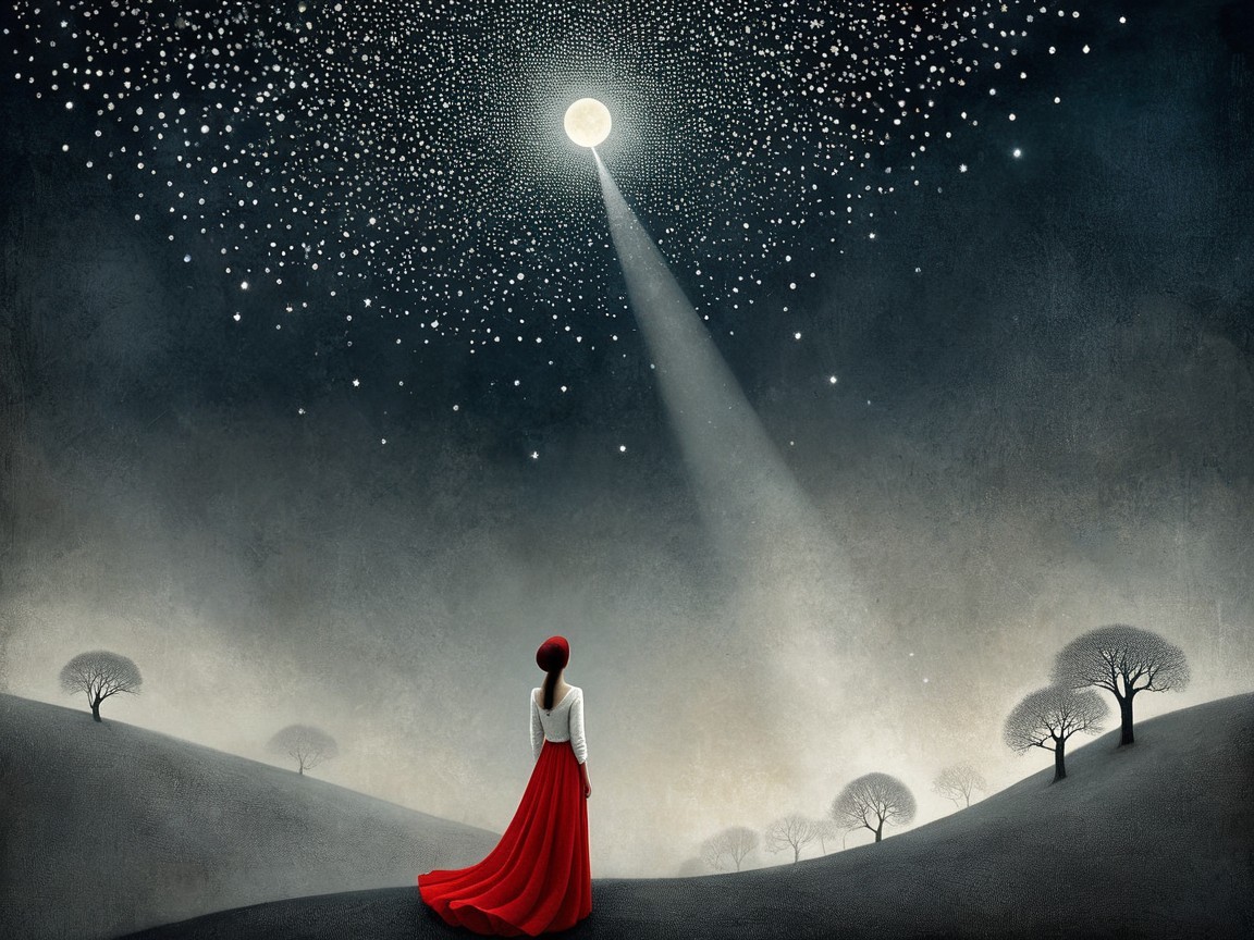 Solitary Figure in Red Dress Under a Full Moon