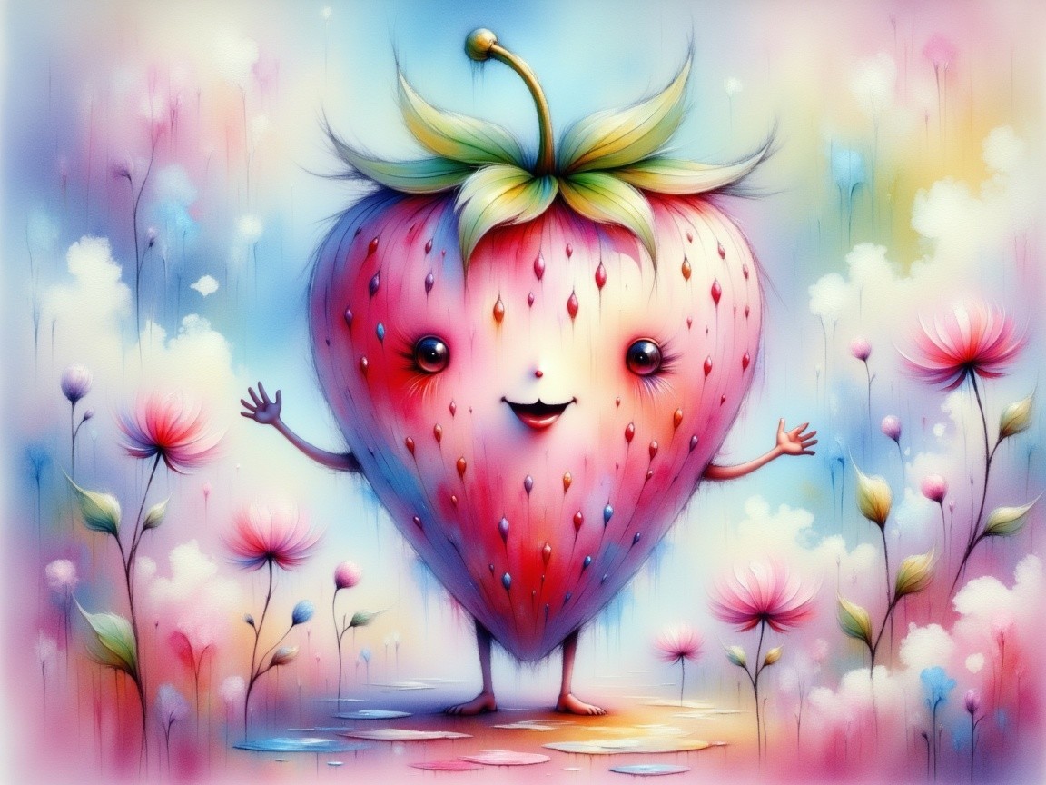 Cheerful Strawberry Character in Dreamy Landscape