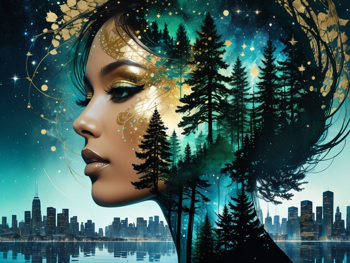 Surreal Profile of Woman with Nature and City Elements