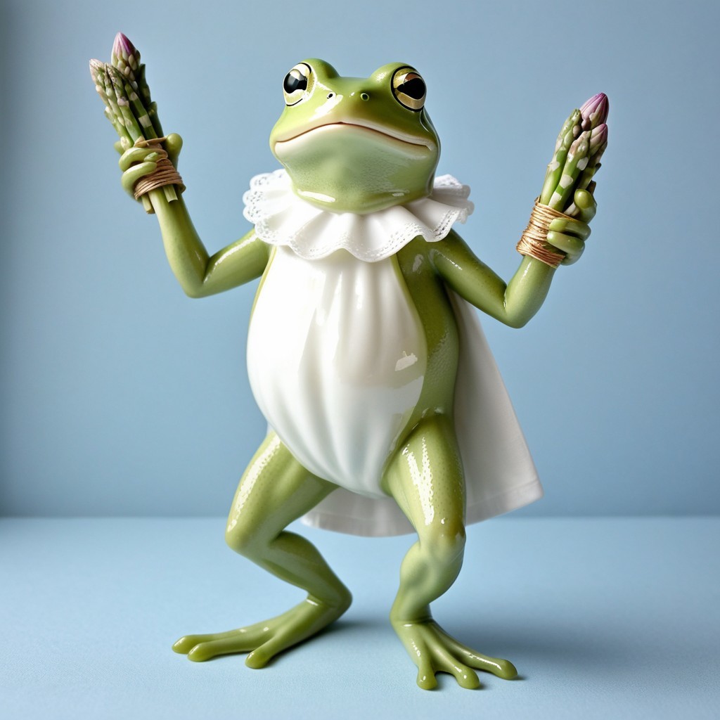 Whimsical Green Frog Figurine with Asparagus Decoration