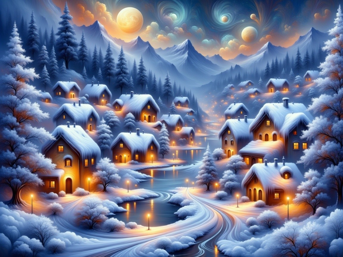 Serene Winter Village in a Snowy Landscape at Night