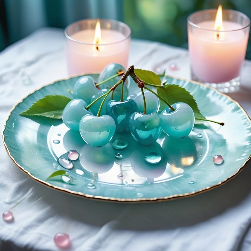 Turquoise Cherries on a Pale Plate with Green Leaves