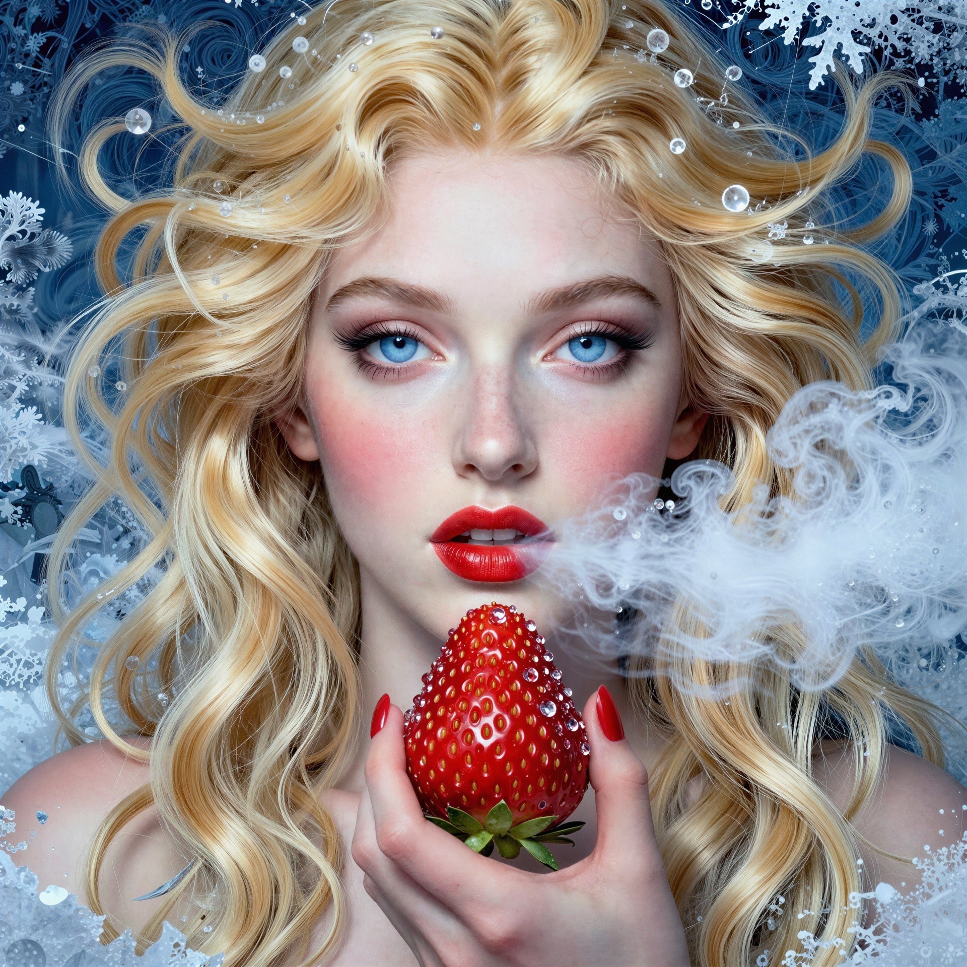 Hyperrealistic Portrait of a Blonde Woman with Strawberry