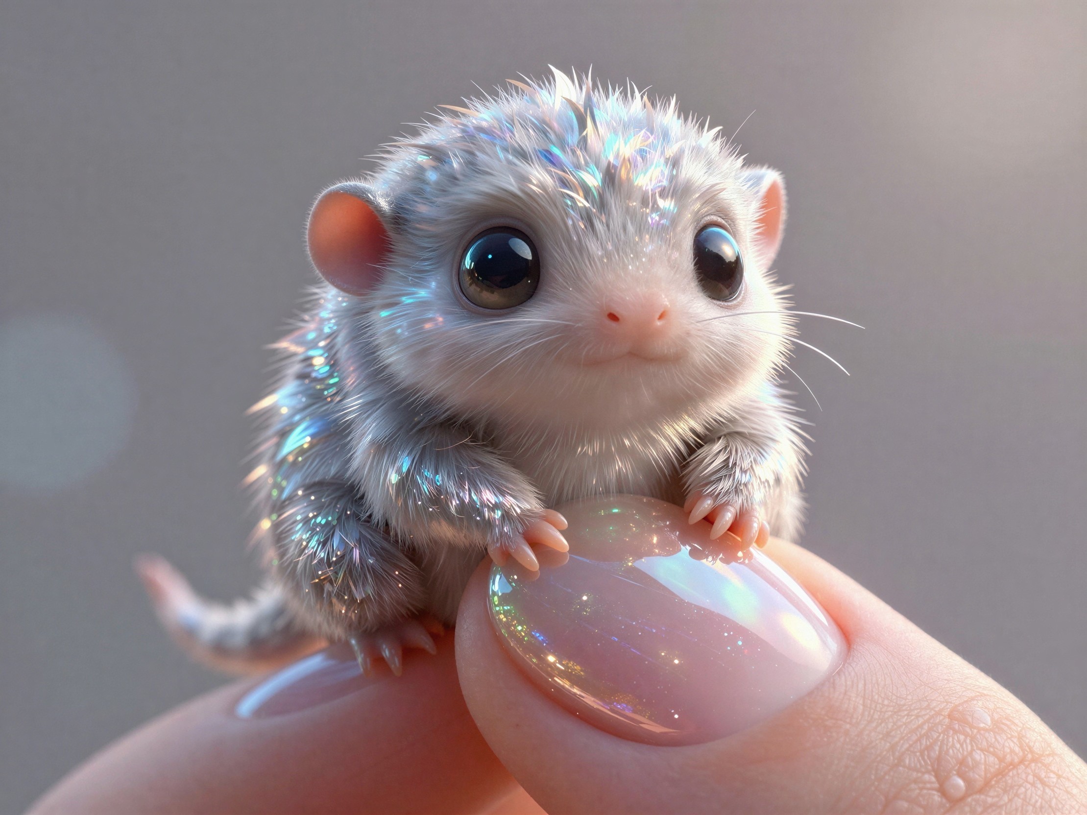 Fantasy Mouse with Iridescent Fur on Fingernail